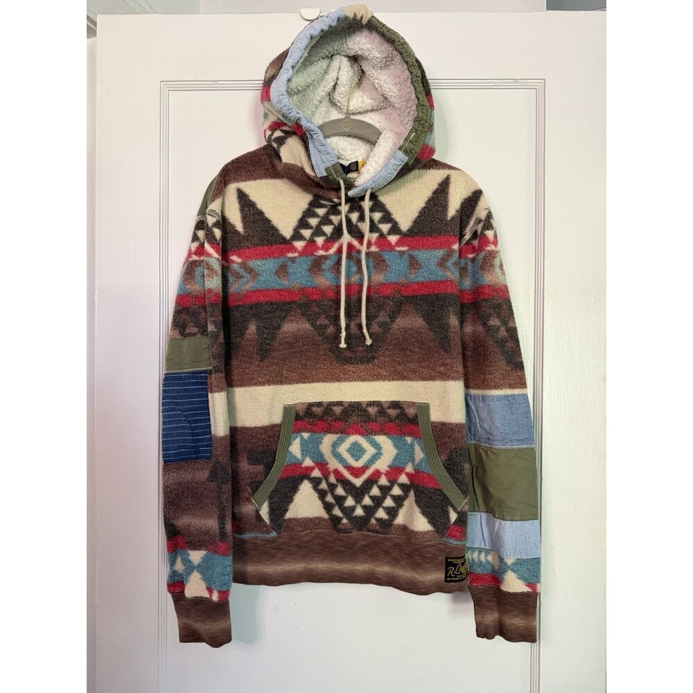 Polo Ralph Lauren Distressed Southwestern Fleece Hoodie Sherpa Mens Small Patch